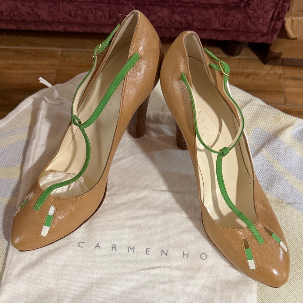 Tan Leather T-Strap Pumps with Green Accents